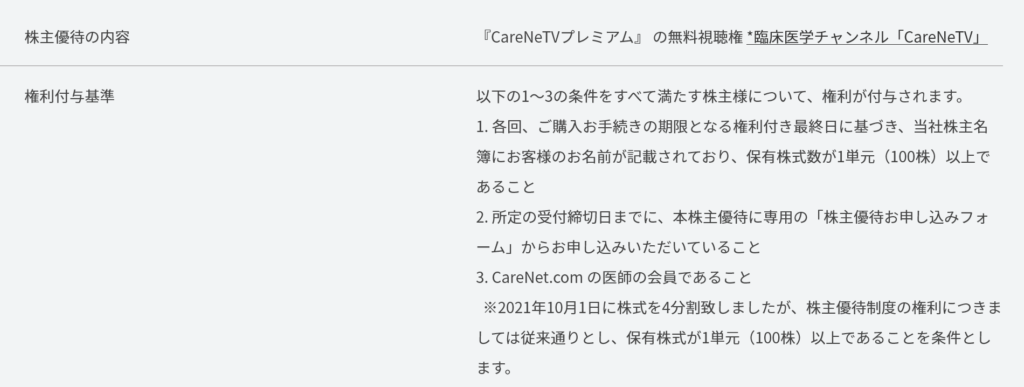 ケアネットの株主優待、無料視聴権